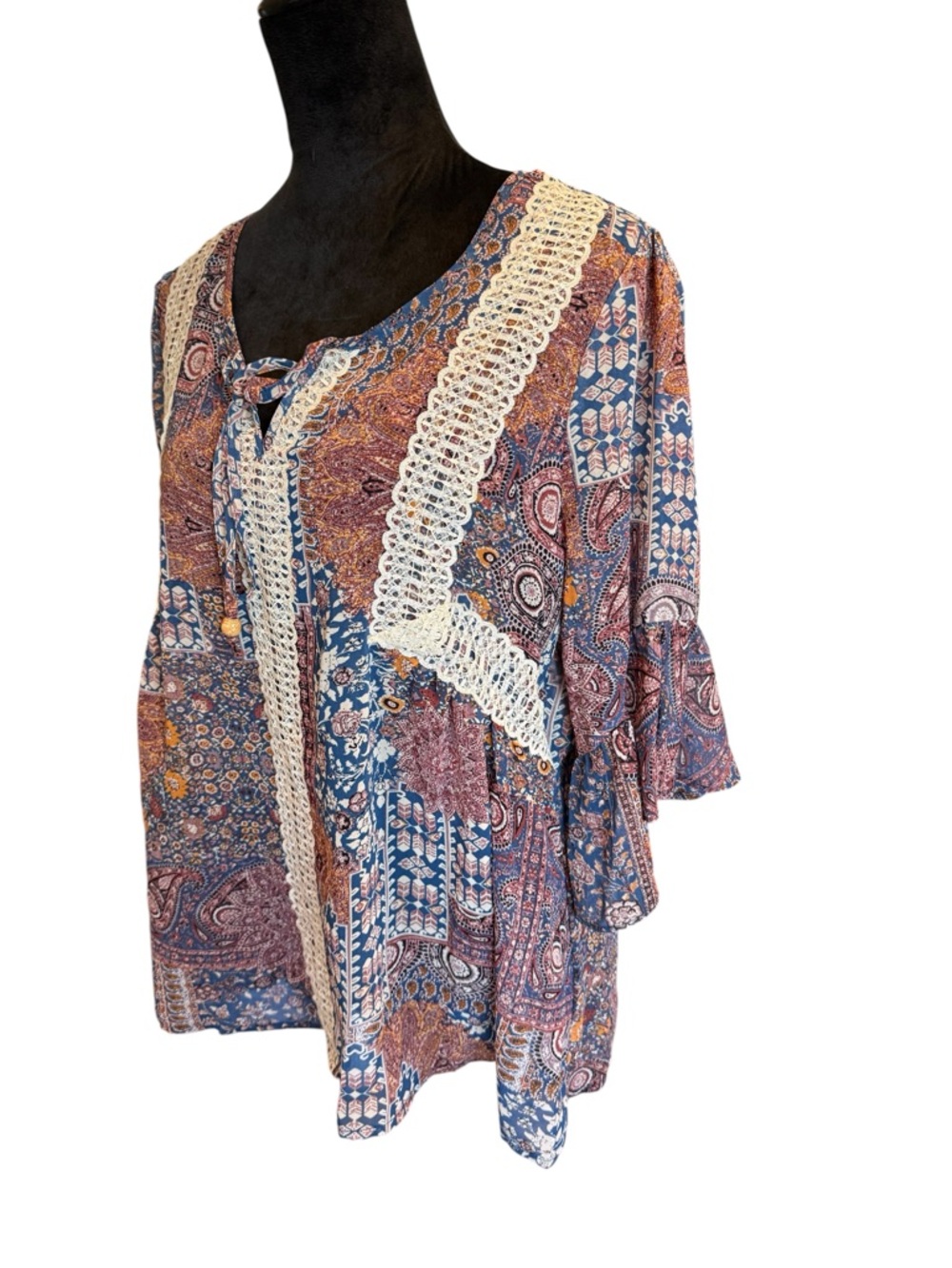 🫶🏻 Artesia Boho Lace-Trim Paisley Peasant Top - Blue & Brown - Picture 2 of 4